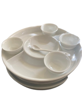 Set 4 sosiere cu platou și linguriță, ceramică, alb - 3164220128917