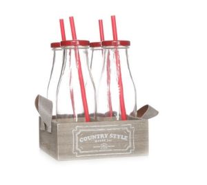 Set 4 sticle+suport Country Style, sticlă+lemn, roşu, 420 ml, Cosy & Trendy - 5411159498153